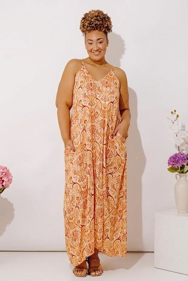 orange pattern maxi dress Women Orange Soft Cotton Dress Block Print Maxi Sundress, Plus Size, Made to Order, Custom Made