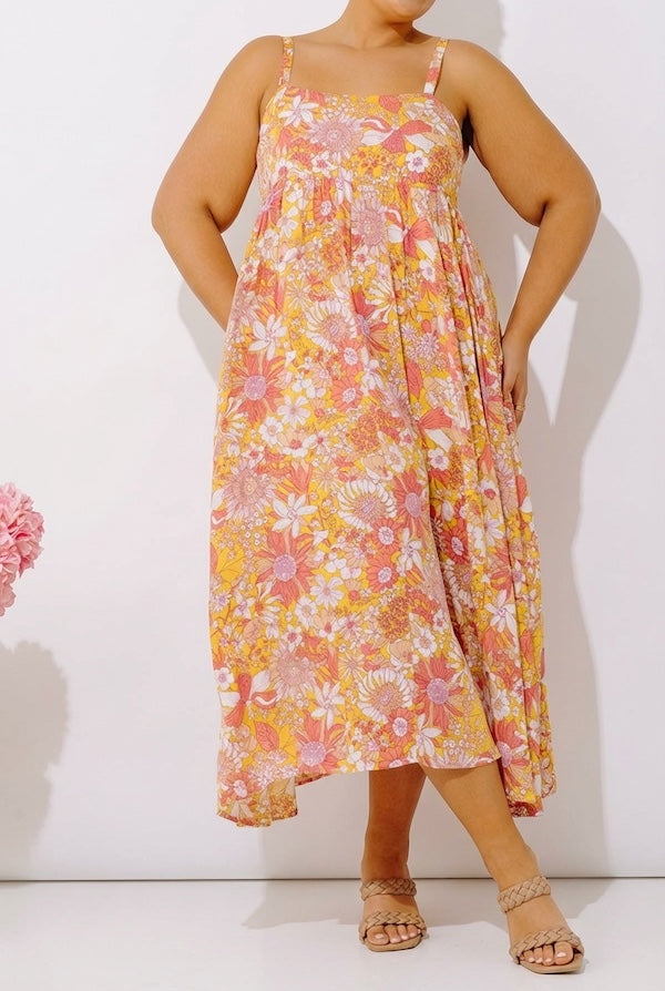 Tranquil Time Floral Midi Dress in Golden Honey Curves Image - 2