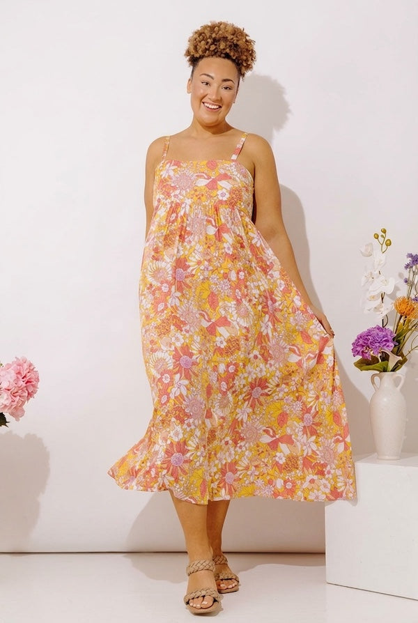 Tranquil Time Floral Midi Dress in Golden Honey Curves Image - 1