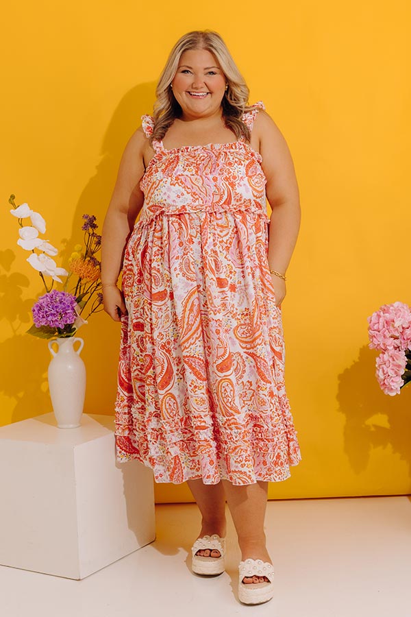 Sunset Splendor Paisley Tiered Satin Midi Dress Curves Image - 1