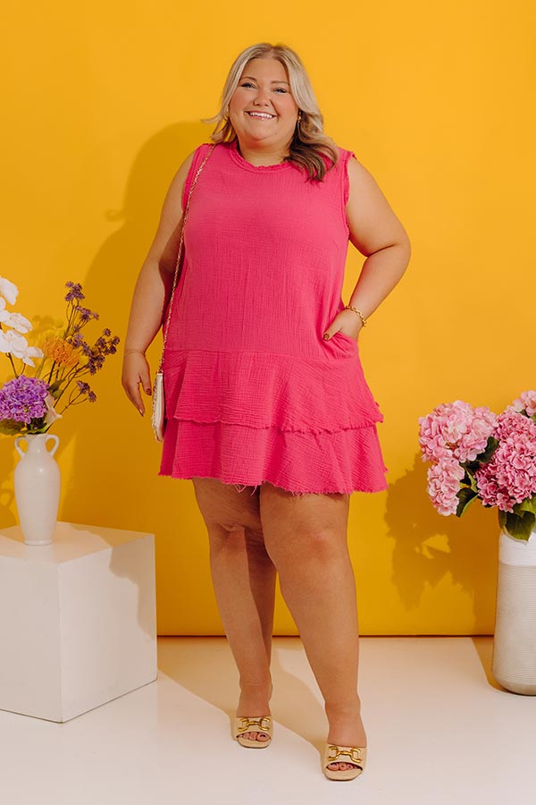 Coastal Sunshine Frayed Gauze Mini Dress in Hot Pink Curves Image - 1