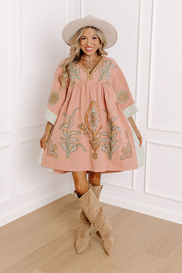 Sweet Duet Embroidered Babydoll Dress in Rustic Rose