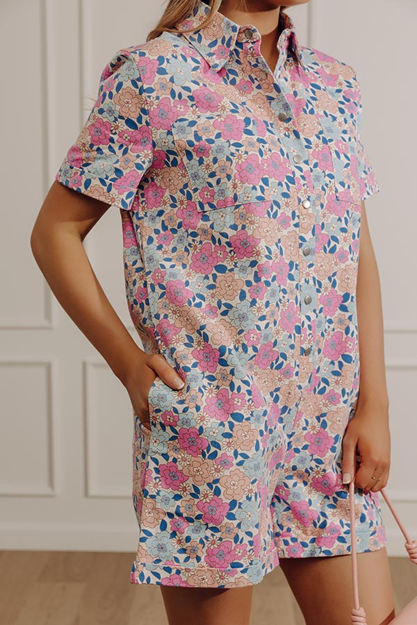 Sunny With A Chance of Blooms Denim Romper in Pink Image - 2
