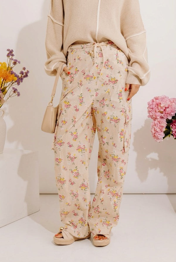 Free Spirit High Waist Floral Cargo Pants in Light Beige