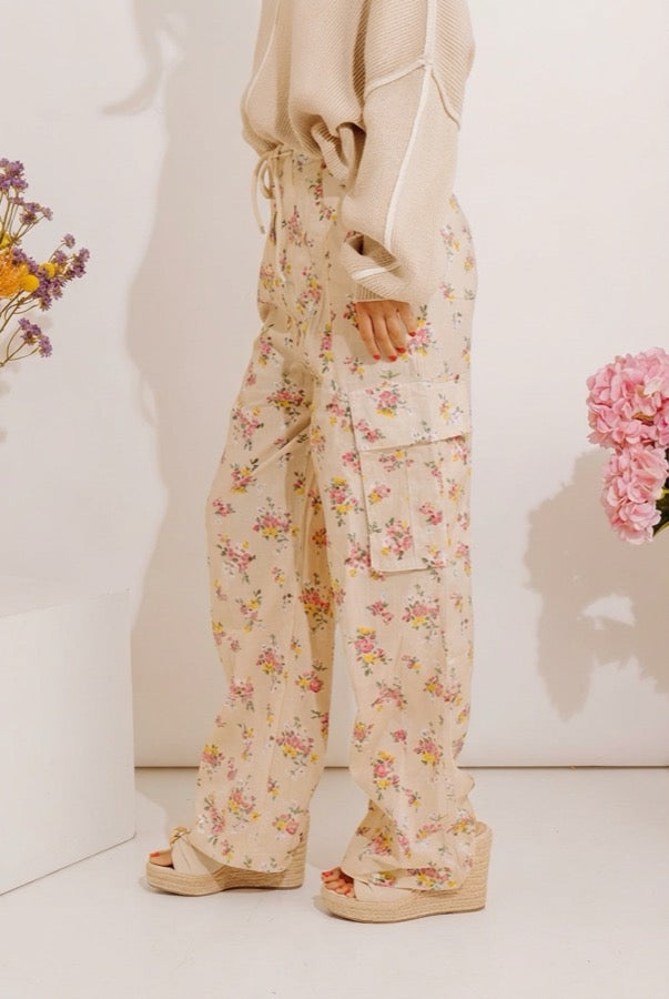 Free Spirit High Waist Floral Cargo Pants in Light Beige Image - 2