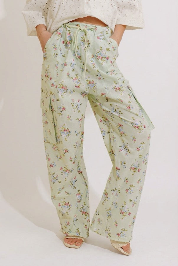 Free Spirit High Waist Floral Cargo Pants in Mint Image - 1