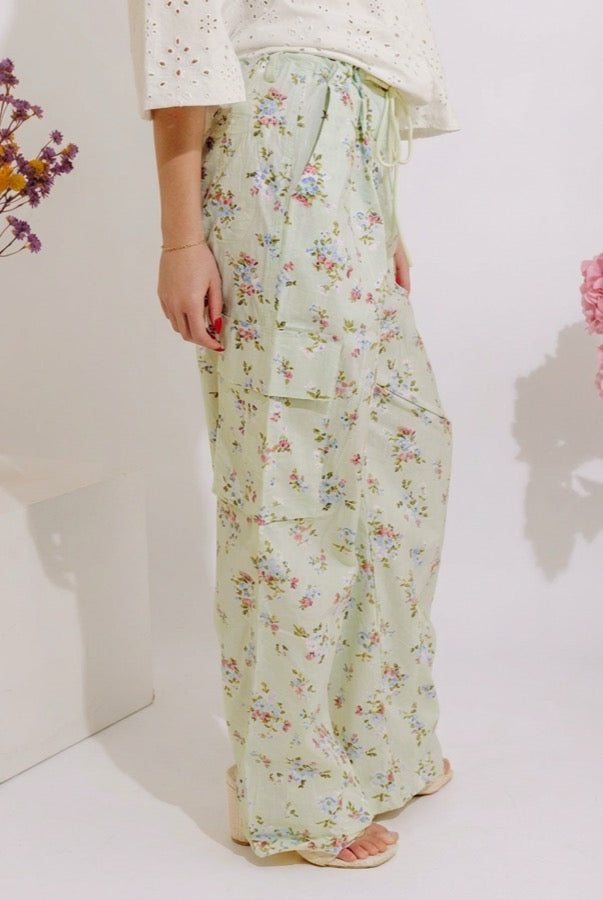 Free Spirit High Waist Floral Cargo Pants in Mint Image - 3