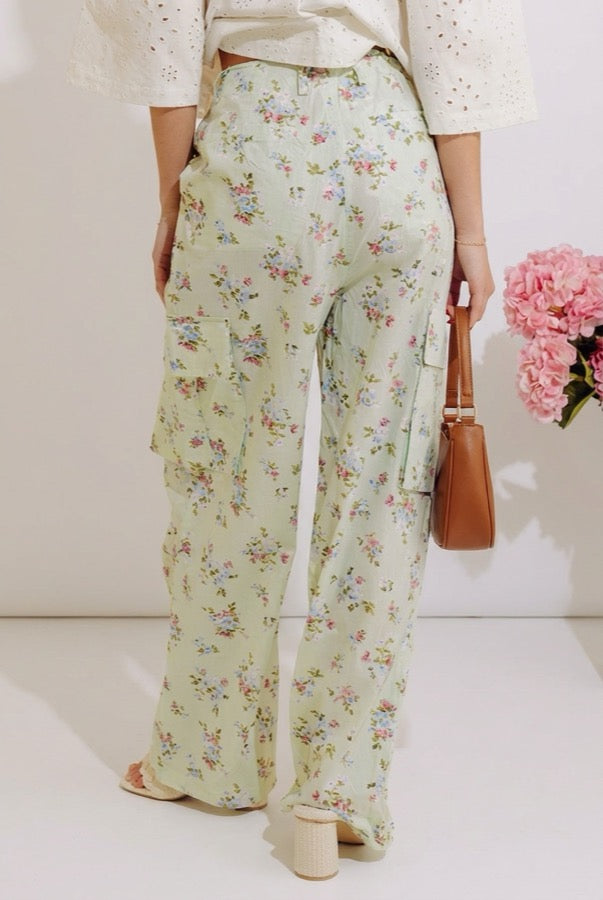 Free Spirit High Waist Floral Cargo Pants in Mint Image - 4