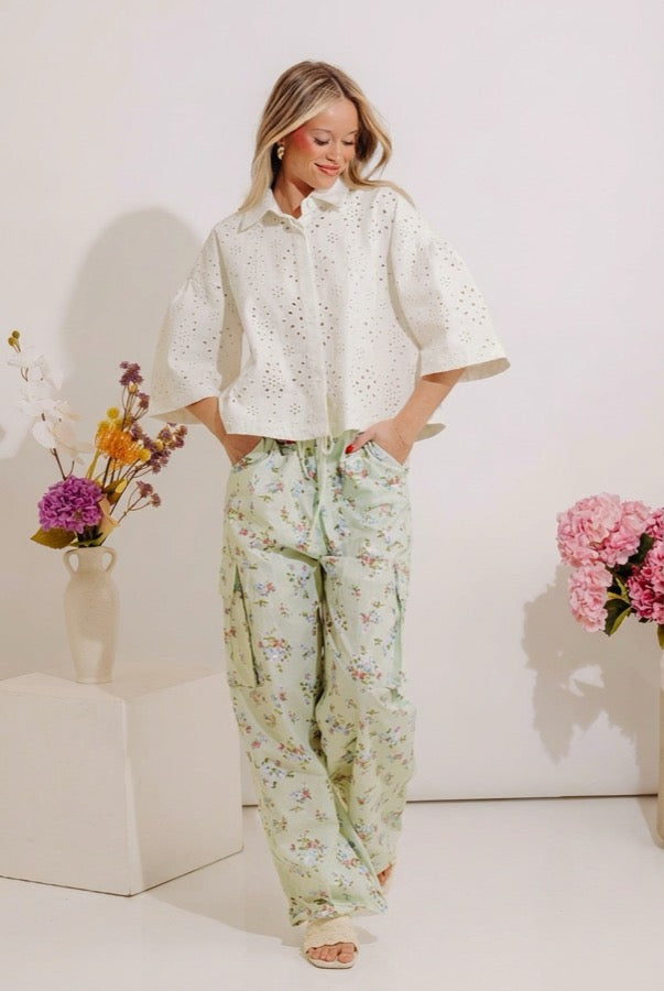 Free Spirit High Waist Floral Cargo Pants in Mint Image - 2
