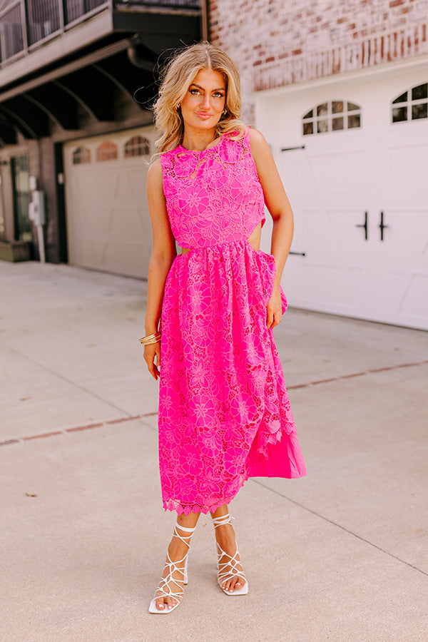 Enchanting Elegance Lace Cut Out Midi in Hot Pink L / hot-pink Enchanting Elegance Lace Cut Out Midi in Hot Pink L / hot-pink