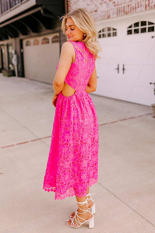 Enchanting Elegance Lace Cut Out Midi in Hot Pink L / hot-pink Enchanting Elegance Lace Cut Out Midi in Hot Pink L / hot-pink