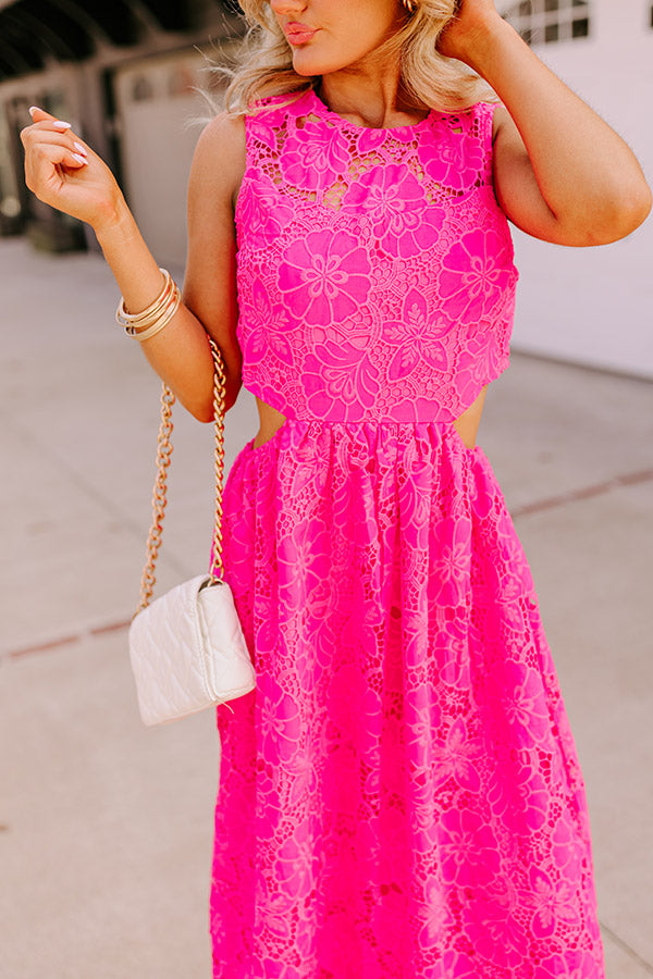 Enchanting Elegance Lace Cut Out Midi in Hot Pink L / hot-pink Enchanting Elegance Lace Cut Out Midi in Hot Pink L / hot-pink