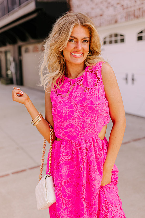 Enchanting Elegance Lace Cut Out Midi in Hot Pink L / hot-pink Enchanting Elegance Lace Cut Out Midi in Hot Pink L / hot-pink