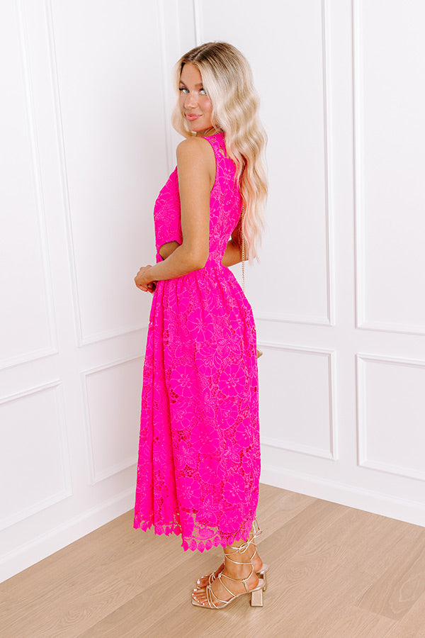 Enchanting Elegance Lace Cut Out Midi in Hot Pink