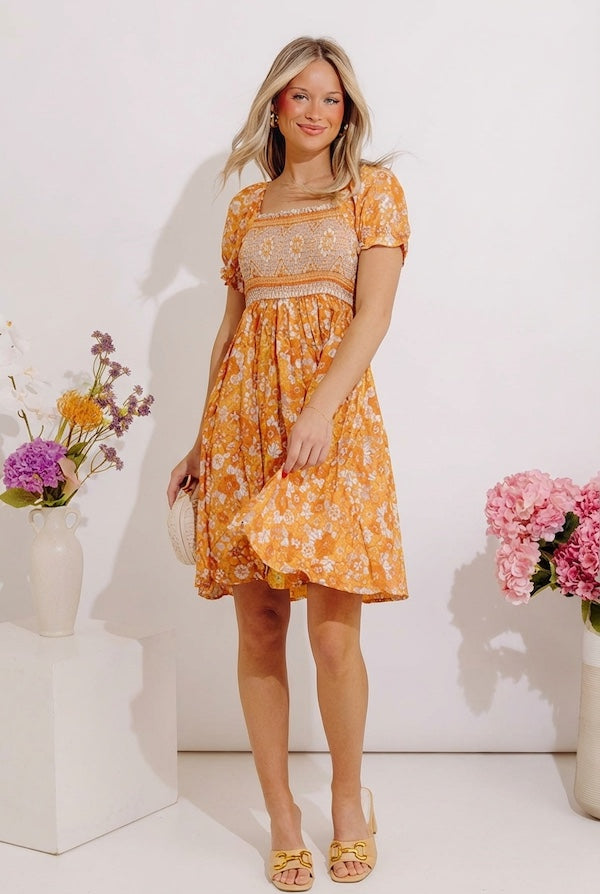 Fan Fav Smocked Floral Mini Dress in Orange Image - 4