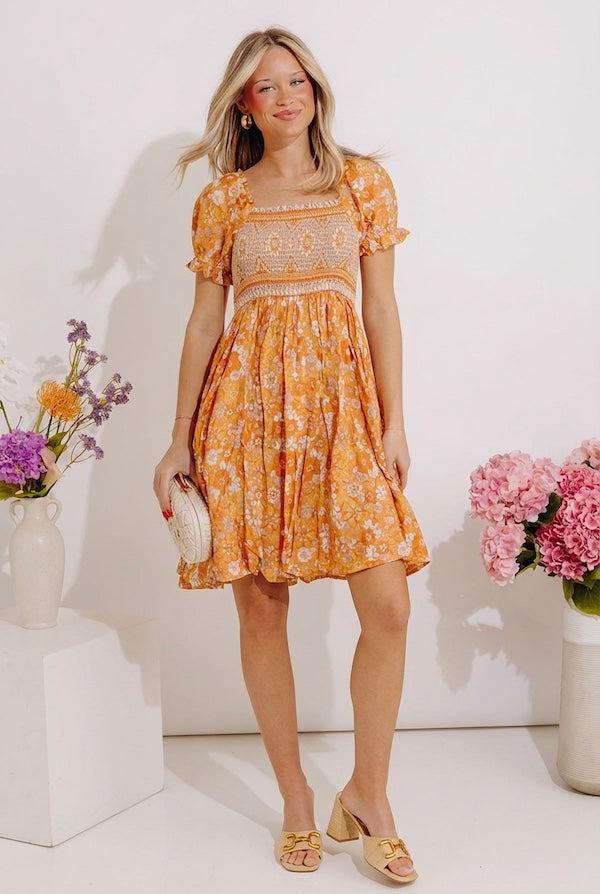 Fan Fav Smocked Floral Mini Dress in Orange Image - 1