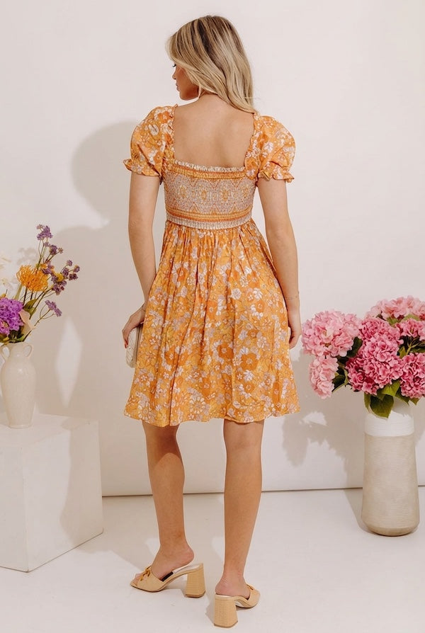 Fan Fav Smocked Floral Mini Dress in Orange Image - 3