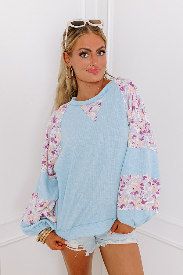 Floral Hint Ribbed Top in Sky Blue