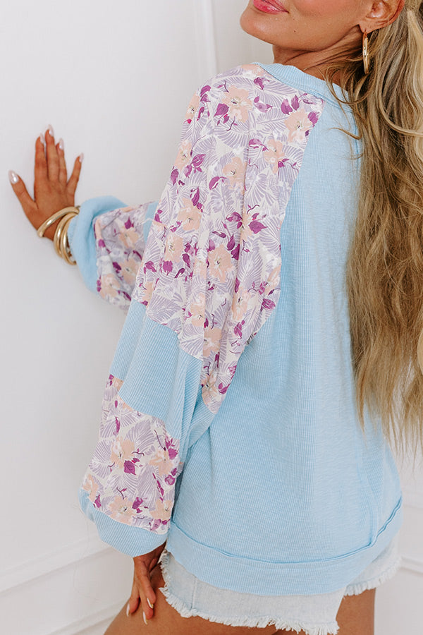 Floral Hint Ribbed Top in Sky Blue