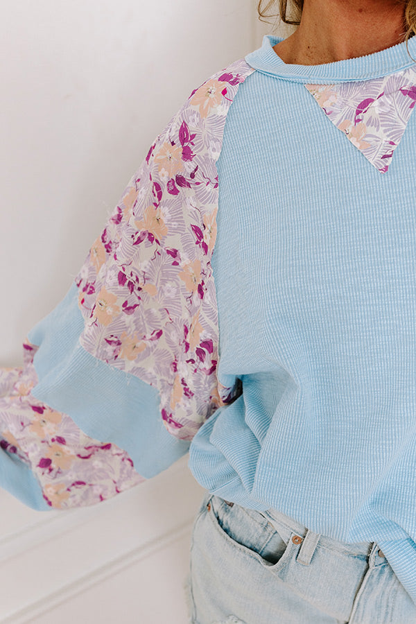 Floral Hint Ribbed Top in Sky Blue