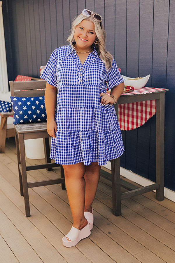 Picnic Ready Gingham Mini Dress in Royal Blue Curves