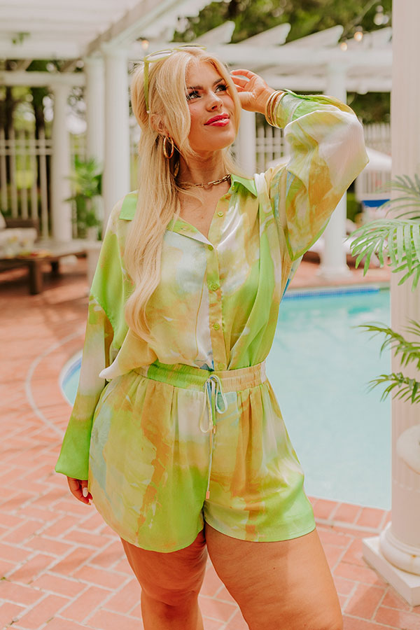 Sorbet Smiles Satin Button Up in Lime Punch Curves