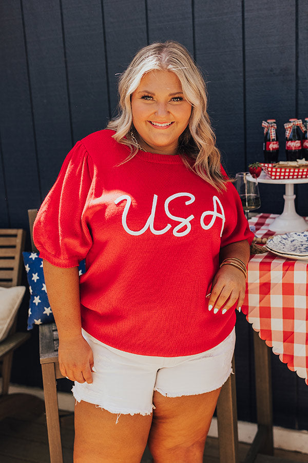 USA Knit Sweater Top in Red Curves