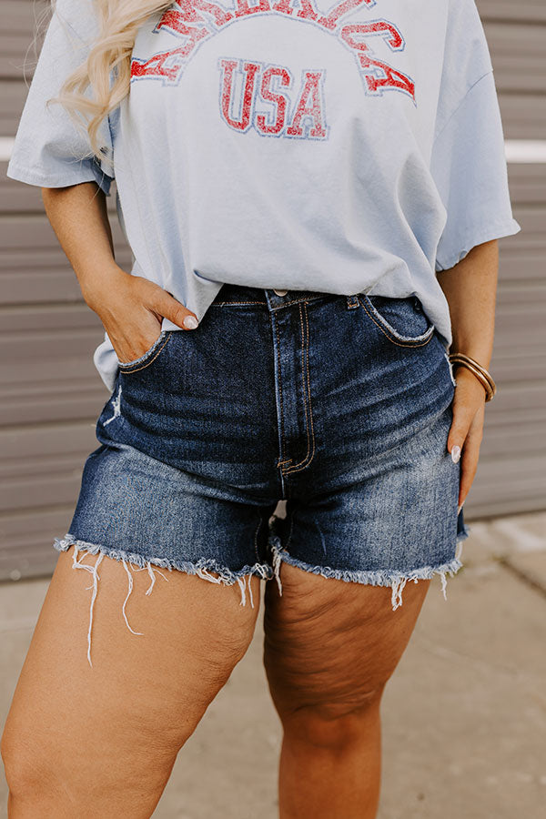 Risen Lela High Waist Shorts in Dark Wash Curves   