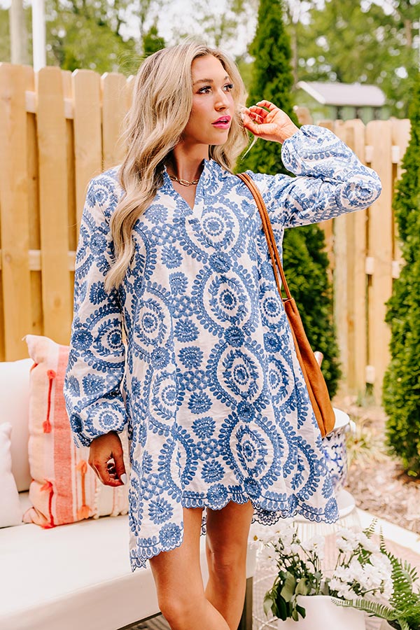 Sunday Market Embroidered Tunic Dress in Blue