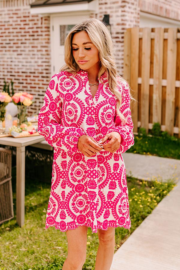 Sunday Market Embroidered Tunic Dress in Hot Pink