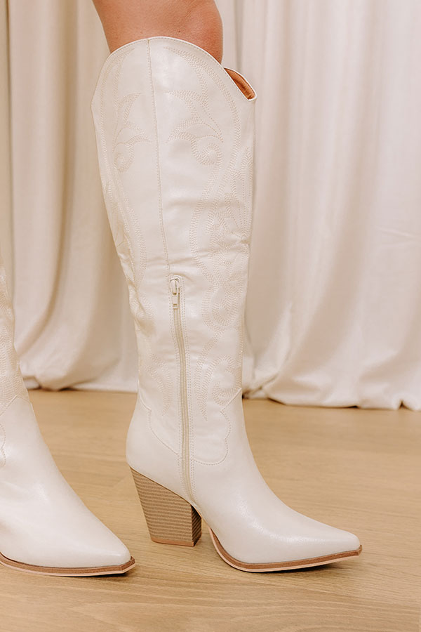 The Astrid Faux Leather Knee High Cowboy Boot in Ivory