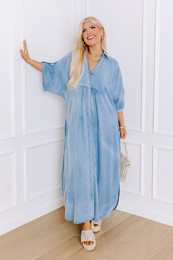 chambray maxi dress Martha Embroidered Blue / S drenched day on the prairie Cato Fashions | Cato Chambray
