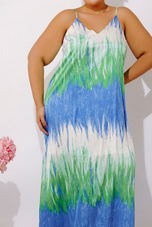 Vacay Mindset Satin Maxi Dress in Ocean Blue Curves Image - 2