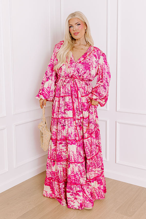 hot pink tiered maxi dress 051625 Hot Pink Solid Ruffle Crochet Detail Tiered Maxi Dress Medium