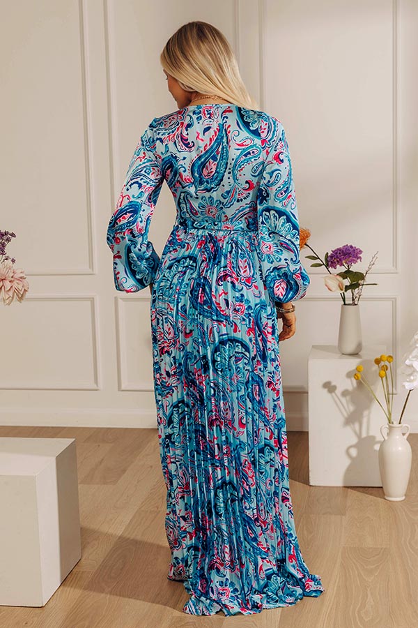 Colorburst Couture Paisley Pleated Maxi Dress in Sky Blue Image - 4