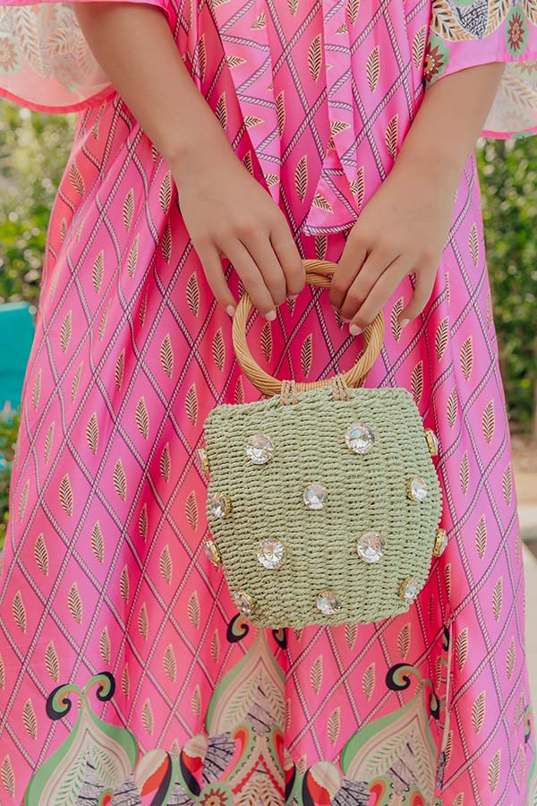 All The Vibes Straw Woven Bucket Bag in Pear