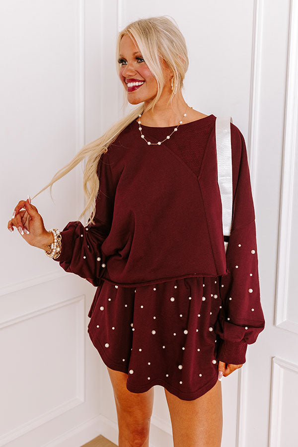 Sideline Chic Pearl Embellished Crop Sweatshirt in Maroon