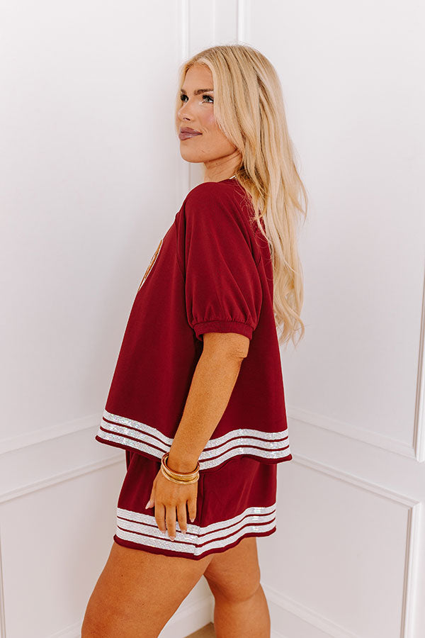 Sideline Social Embroidered Top in Crimson Curves