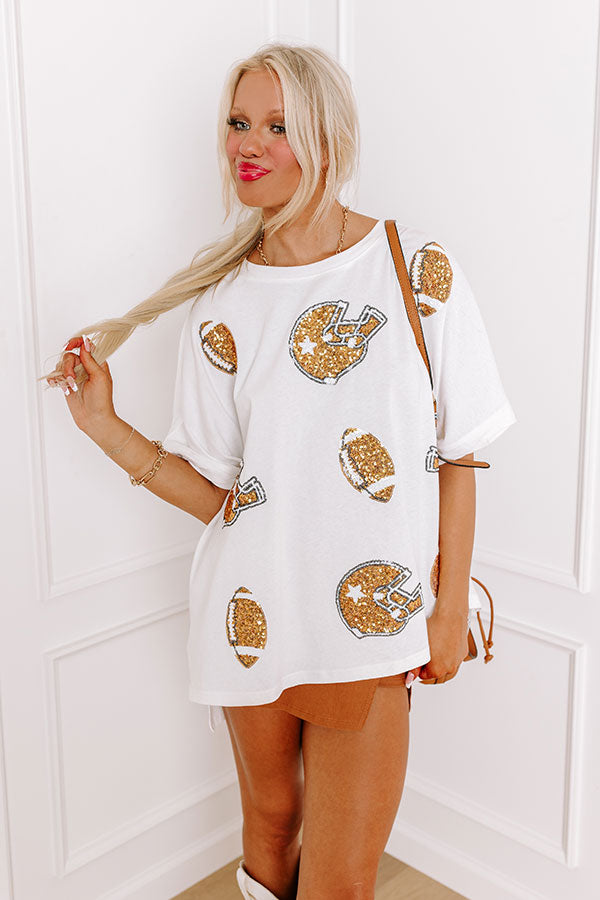 Game Day Charm Sequin Oversized Tee in White