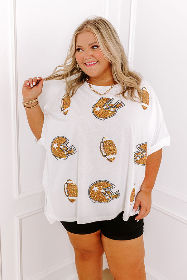 Game Day Charm Sequin Oversized Tee in White Curves