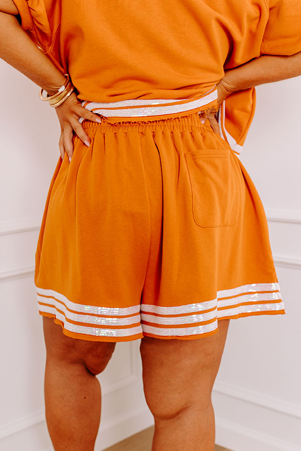 Sideline Social High Waist Sequin Shorts in Rust Curves   