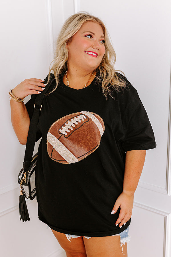 Kickoff Cutie Embroidered Oversized Tee in Black Curves