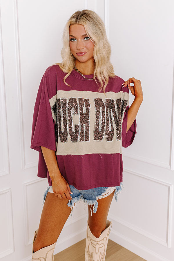 It's a Touch Down Sequin Oversized Tee in Garnet