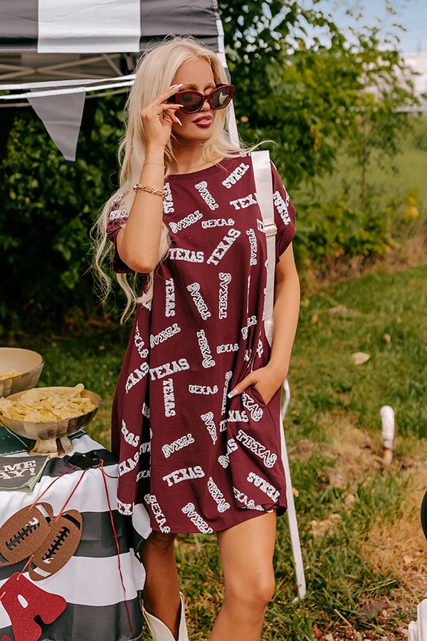 School Spirit Sequin Embroidered Mini Dress in Texas Maroon