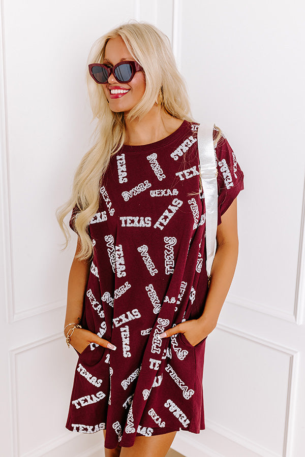 School Spirit Sequin Embroidered Mini Dress in Texas Maroon