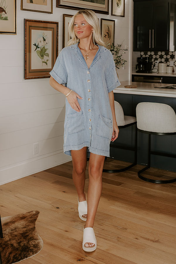 Living For Lake Life Chambray Mini Dress in Light Wash Image - 1
