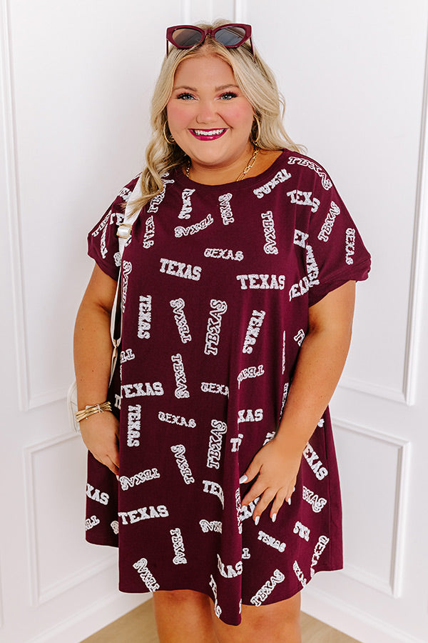 School Spirit Sequin Embroidered Mini Dress in Texas Maroon Curves