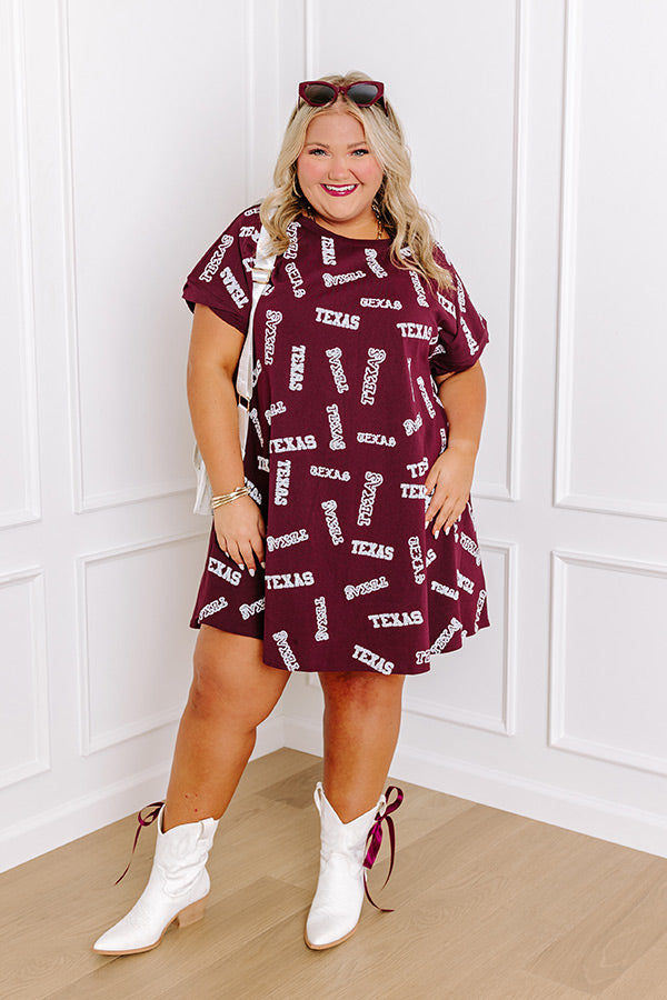 School Spirit Sequin Embroidered Mini Dress in Texas Maroon Curves