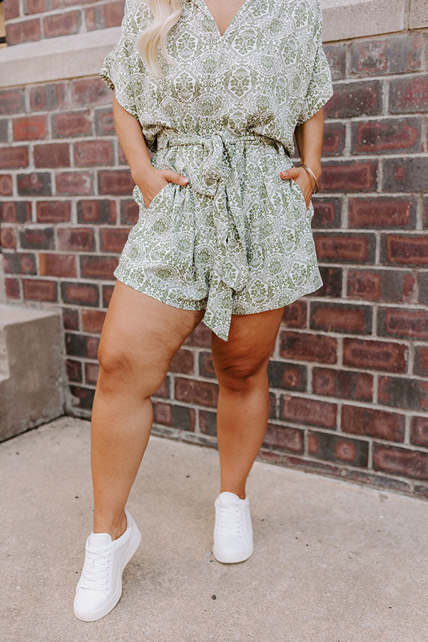 Mykonos Muse High Waist Linen-Blend Floral Shorts in Olive Curves   