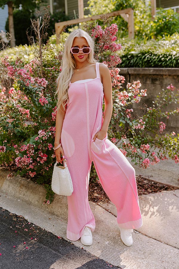 Cue The Charm Wide Leg Waffle Knit Jumpsuit in Pink